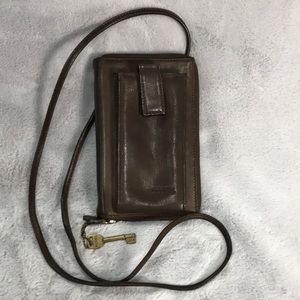 Fossil Brown Leather Crossbody Wallet Organizer w/ Phone Pocket. Fits IPhone.